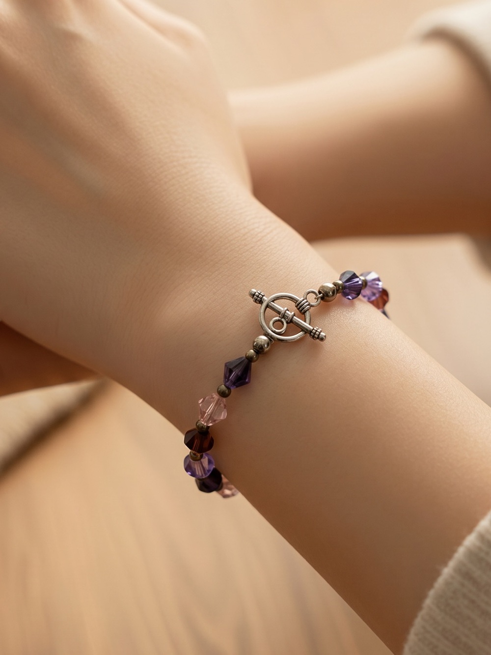 HANDCRAFTED BRACELET Small Crystal Beads in Purple & Pinks Toggle Closure Silver